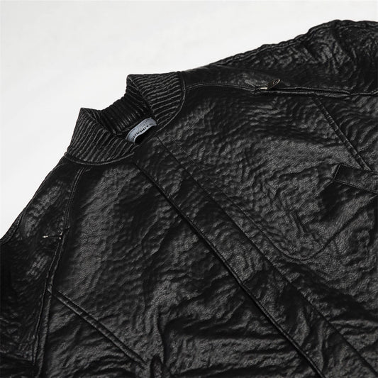 Urban Street Style Men's Cotton Coat, Stand Collar, Pleated PU Leather, Loose Fit, Versatile Outerwear Top