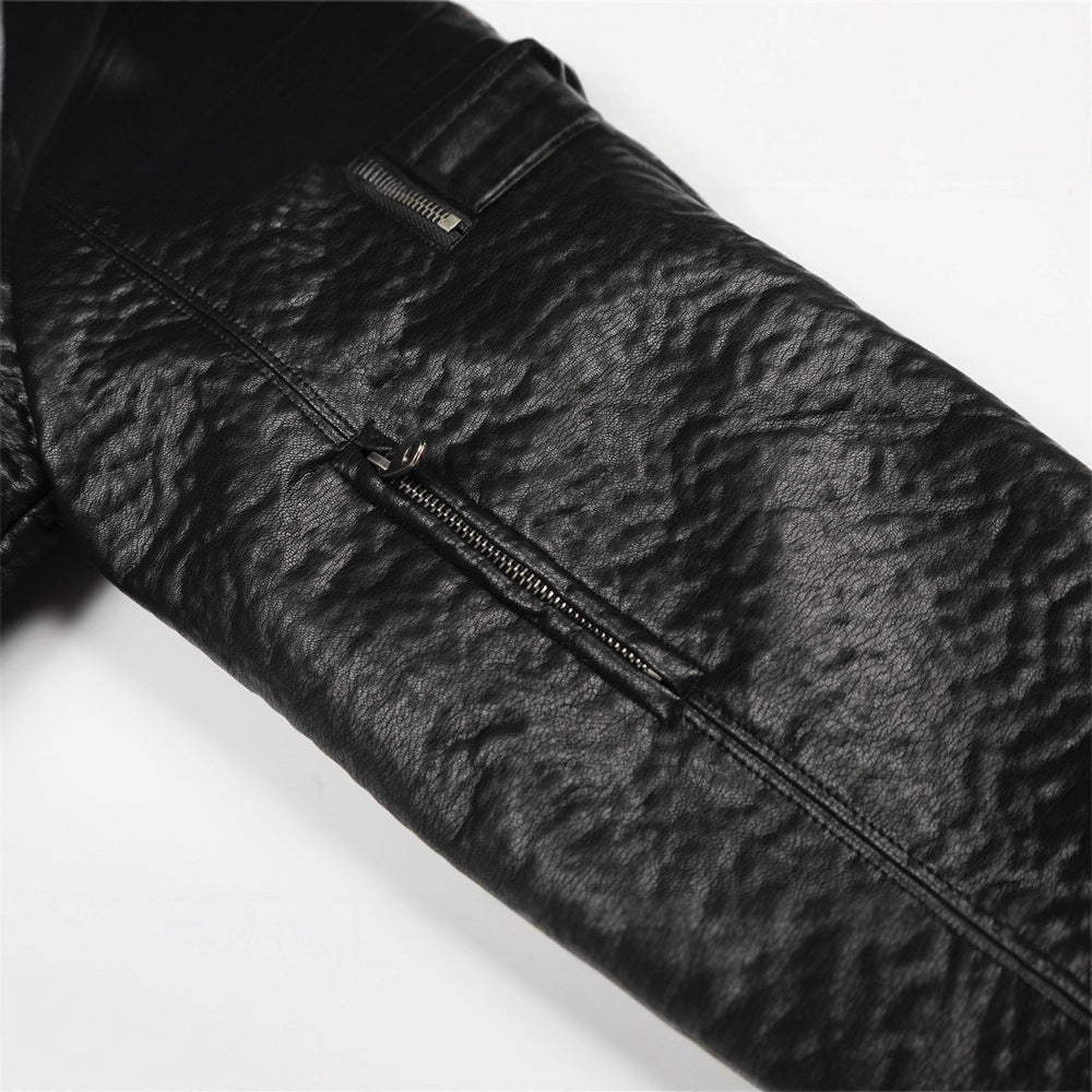 Urban Street Style Men's Cotton Coat, Stand Collar, Pleated PU Leather,  Loose Fit, Versatile Outerwear Top