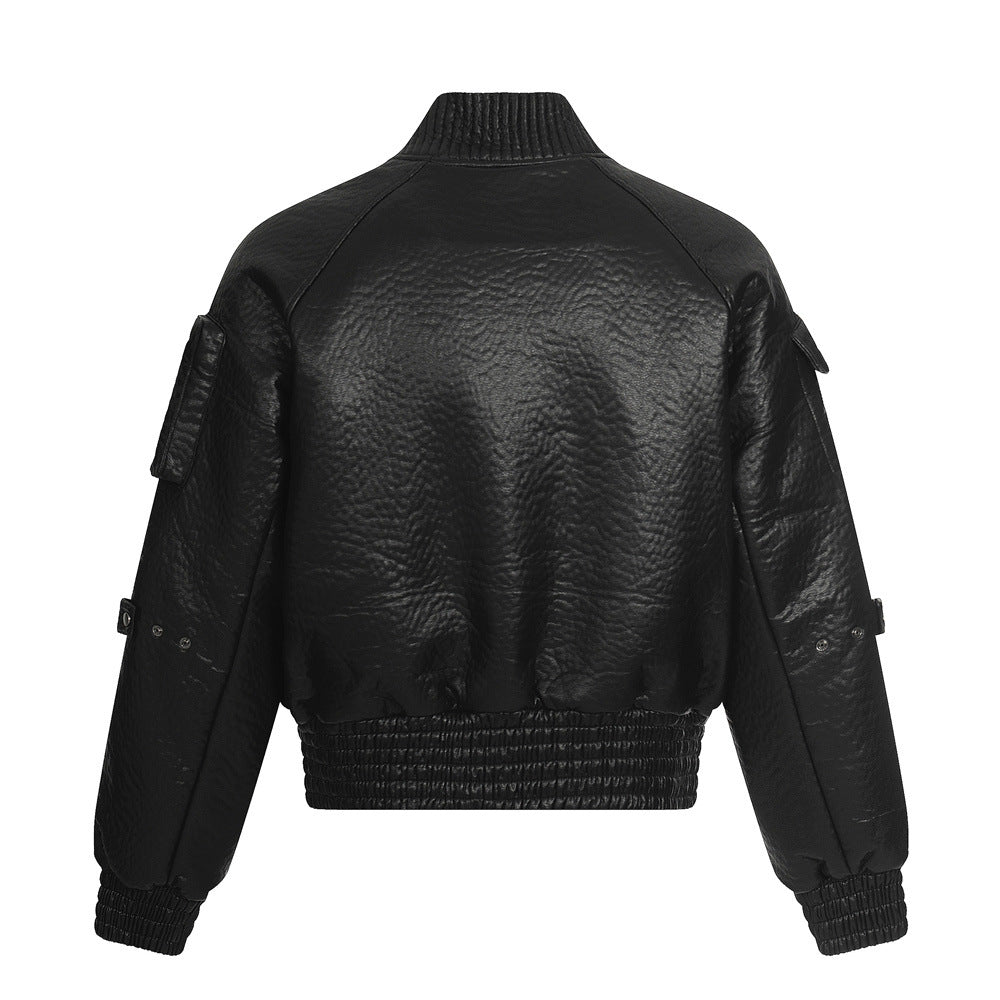 Urban Street Style Men's Cotton Coat, Stand Collar, Pleated PU Leather,  Loose Fit, Versatile Outerwear Top