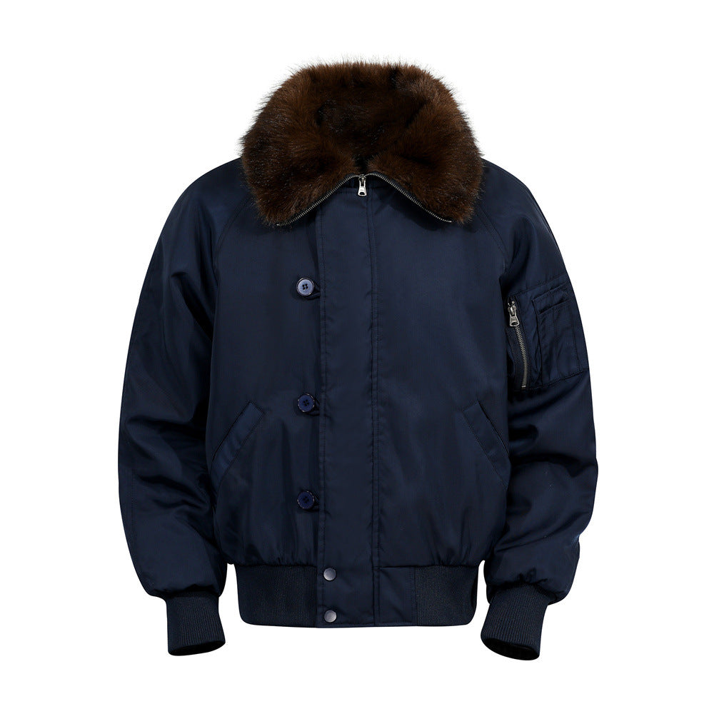 Street Style Men's Cotton Coat with Fur Collar, Multi-Pocket Design, Trendy Brand, Loose Fit, Versatile Outerwear Top