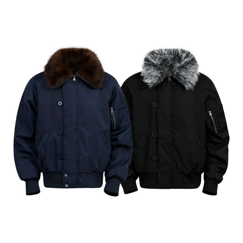 Street Style Men's Cotton Coat with Fur Collar, Multi-Pocket Design, Trendy Brand, Loose Fit, Versatile Outerwear Top